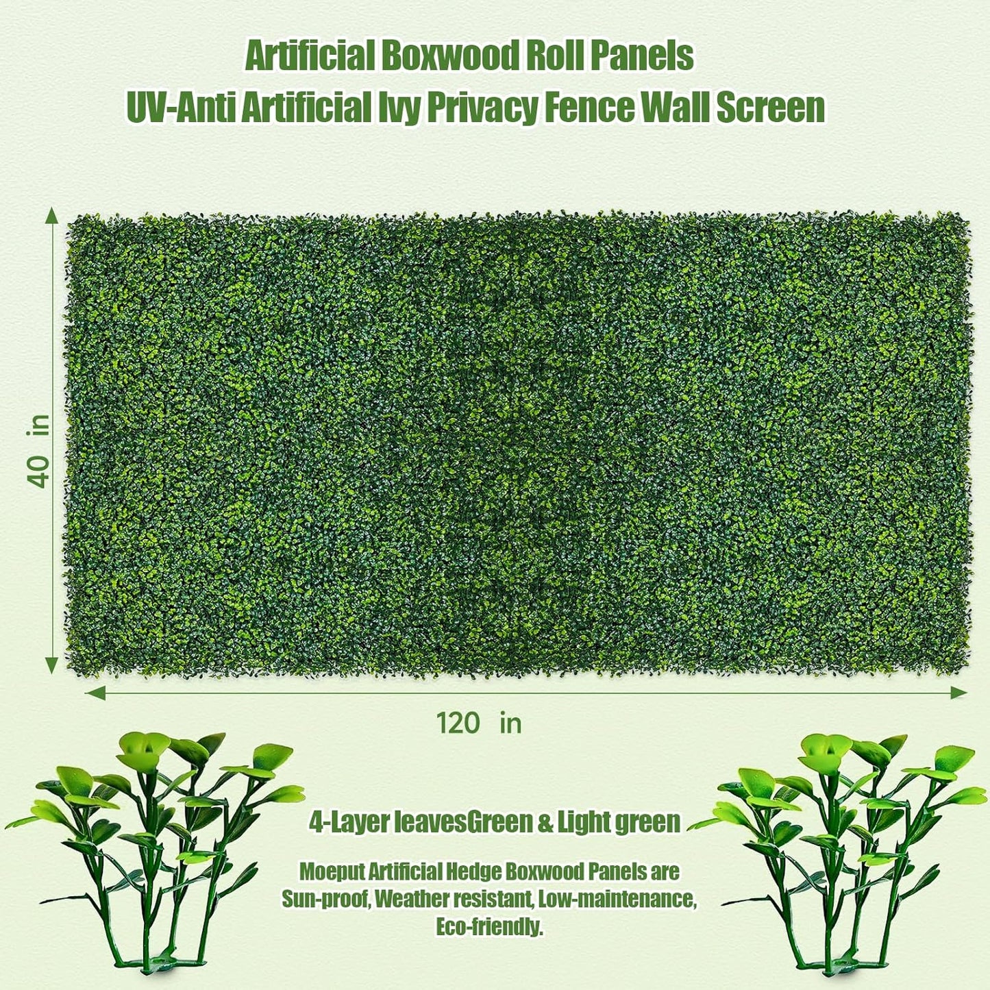 Artificial Boxwood Roll,120x40 in (34 sqft) UV-Anti Faux Ivy Boxwood Hedge Leaf Grass Wall for Patio Balcony Privacy, Garden, Backyard Greenery Wall Backdrop and Fence Decor-VerdiqueGarden