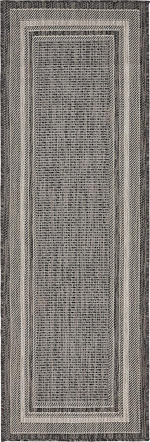 Unique Loom Outdoor Border Collection Area Rug - Soft Border (2' x 6' 1" Runner, Black/ Ivory)-VerdiqueGarden