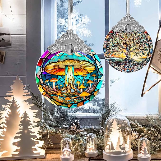 Stained Glass Suncatcher, Jocidea Mushroom Ornament, Christmas Ornaments, Holidays Ornaments, Christmas Tree Decor, Mushroom Decor for Home, Mushroom Gifts-VerdiqueGarden