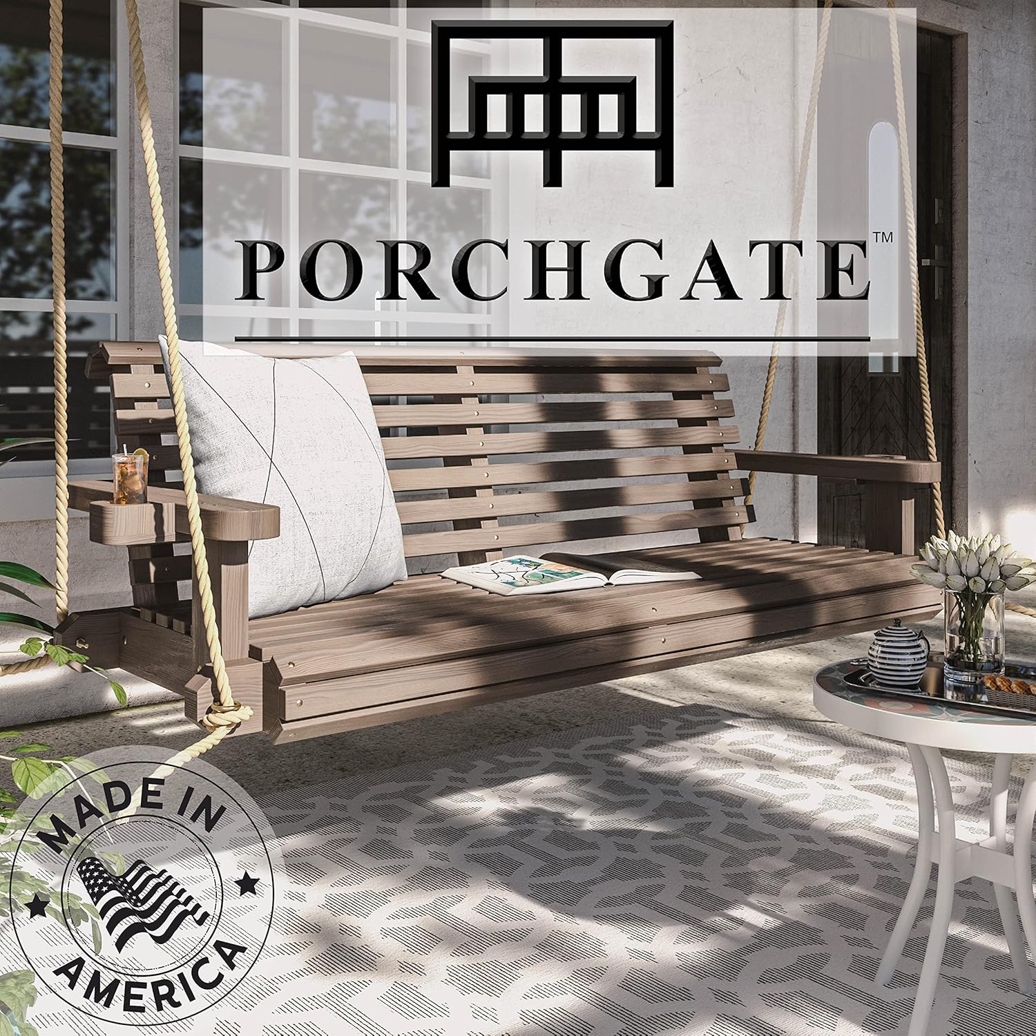 Porchgate Amish Heavy Duty 800 Lb Roll Comfort Treated Porch Swing W/Ropes (4 Foot, Warm Walnut Stain)-VerdiqueGarden