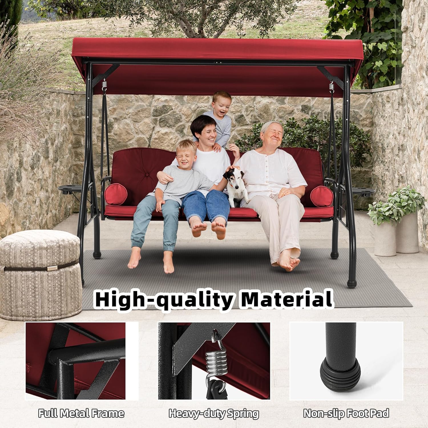 HOMREST 3 Seat Outdoor Porch Swing with Adjustable Canopy, Convertible Patio Swing Bed with Stand, Patio Glider Swing with Upgraded Cup Holder, Thicken Cushions ＆ Pillow for Backyard (Wine Red)-VerdiqueGarden