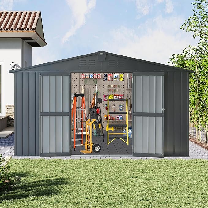 Domi Outdoor Storage Shed 11’ x 9’, Metal Sheds with Galvanized Steel Frame & Windows & Lockable Door, Garden Shed Tool Storage Room for Patio, Grey-VerdiqueGarden