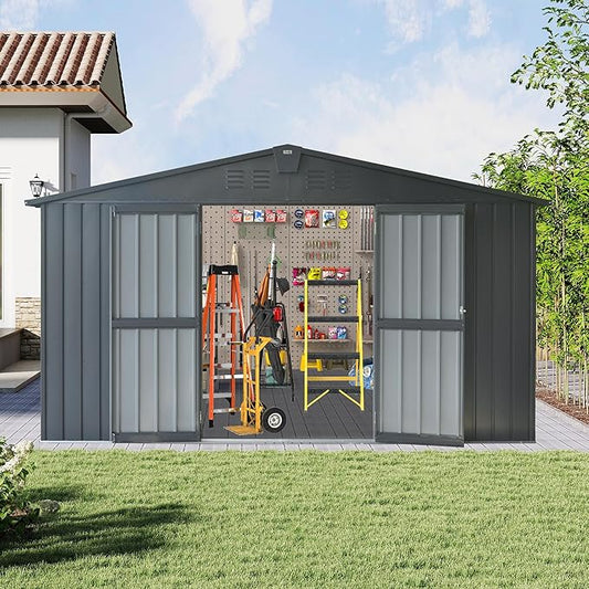 Domi Outdoor Storage Shed 11’ x 9’, Metal Sheds with Galvanized Steel Frame & Windows & Lockable Door, Garden Shed Tool Storage Room for Patio, Grey-VerdiqueGarden