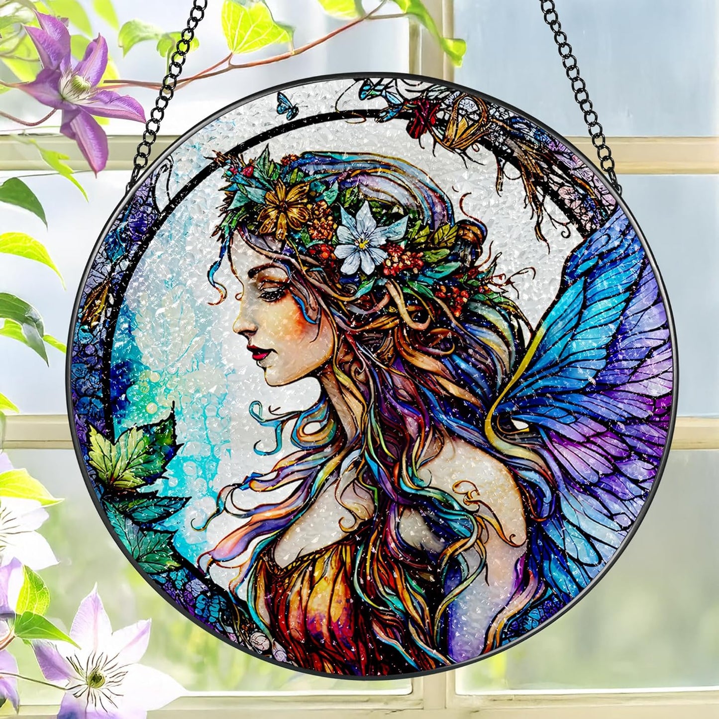Stained Glass Window Hanging, LAOWEIKI 8'' Fairy Suncatcher, Stained Glass Ornament, Suncatchers for Windows Hanging, Window Decor, Outdoor or Indoor, Gifts for Women, Bestie, Friends-VerdiqueGarden
