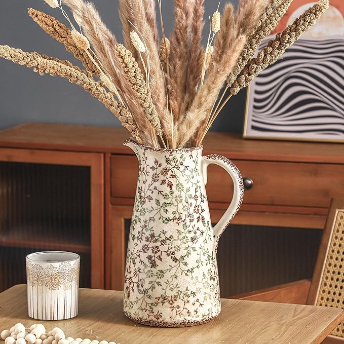 Enra Pitcher vase with Handle,12.2 in Ceramic Vintage Chinoiserie Floral Vase,Green and Beige Decorative Flower vase,Large Rustic Vases for Home Decors, Living Room, Bookshelf, Office-VerdiqueGarden