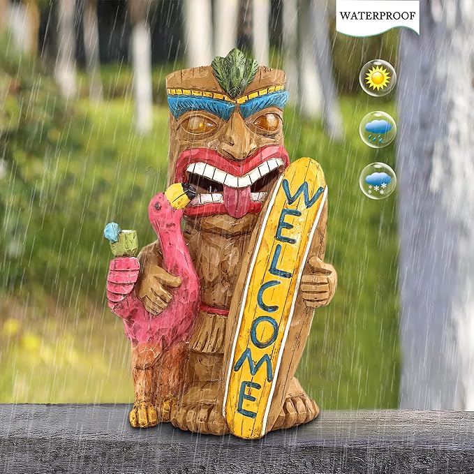 Welcome Tiki Statue with Surfboard Flamingo-Solar Outdoor Decor - Tiki Man with Automatic Switch On Flickering Eyes LED Light for Tiki Bar Decorations, Patio, Balcony, Yard,Lawn,Gifts-VerdiqueGarden