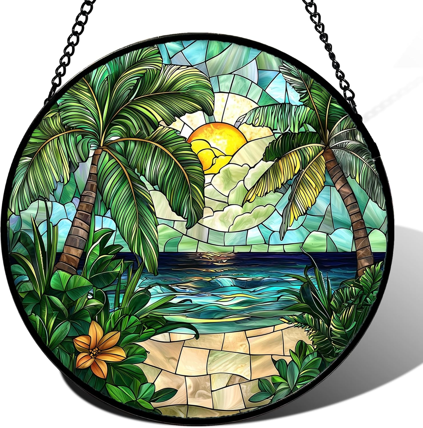 Stained Glass Window Hanging, Green Beach Scenery Suncatcher Diamond Glass Panel Hangings Sun Catchers Decor for Birthday for Women, Men, Wife, Aunt, and Mom 14.9x14.9 in-VerdiqueGarden