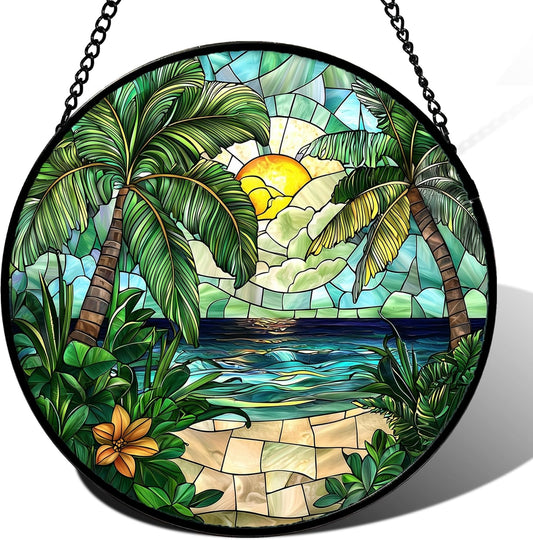 Stained Glass Window Hanging, Green Beach Scenery Suncatcher Diamond Glass Panel Hangings Sun Catchers Decor for Birthday for Women, Men, Wife, Aunt, and Mom 14.9x14.9 in-VerdiqueGarden
