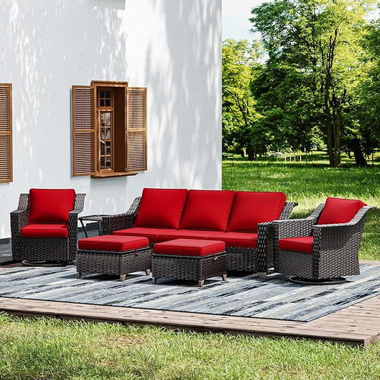 Joyside Wicker Patio Furniture Sets, 6 Pieces Upgraded Large Size Outdoor Furniture with Swivel Rocking Patio Chairs, Outdoor Ottoman, 3-Seat Sofa and Side Table, Thick Cushions, Wide Armrest-VerdiqueGarden