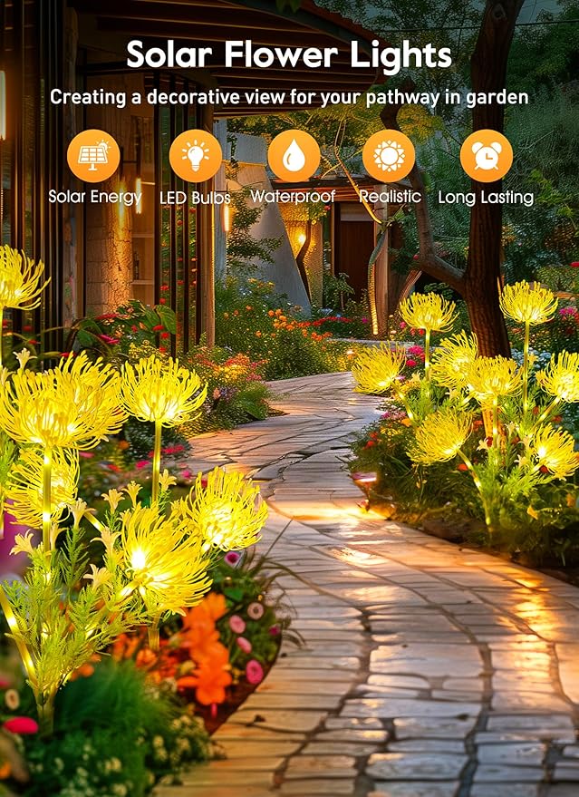 Brightown Outdoor Solar Garden Lights - 4 Pack LED Solar Flower Lights with Glowing Flowers & Stems, More Realistic, Bigger Solar Panel, Waterproof Solar Lights for Outside Yard Patio Home, Yellow-VerdiqueGarden