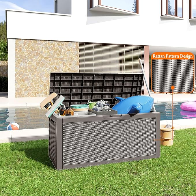 100 Gallon Resin Deck Box, Lockable Patio Outdoor Storage Box for Furniture, Garden Tools and Tools Storage, Waterproof Outside Storage Boxes - Grey-VerdiqueGarden