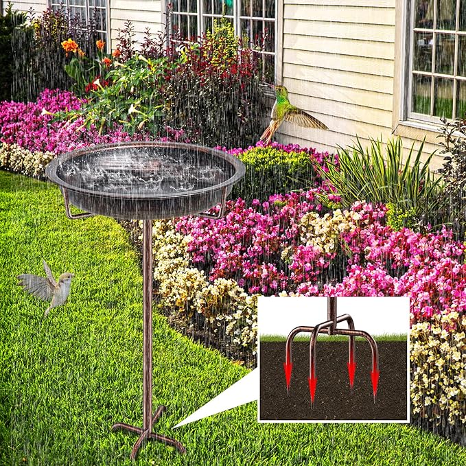 Metal Bird Bath for Outside Garden Birdbath Bowl, 36.2" Height Freestanding Bird Feeders for Outdoors with 4 Prongs Base Stake, Standing Birdfeeders for Yard Lawn Decor (Retro Copper)-VerdiqueGarden