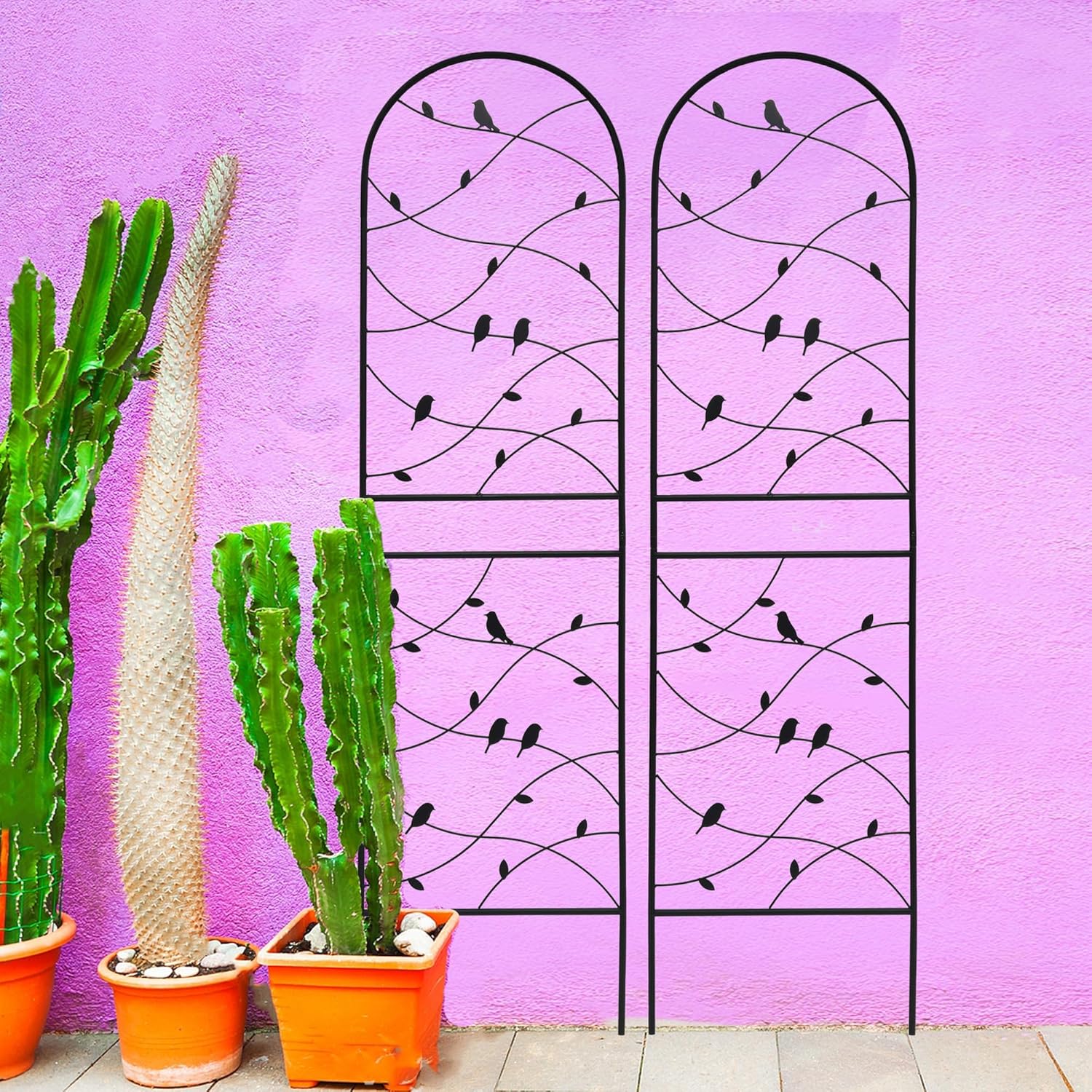 4 Pack Metal Garden Trellis 71" Tall Outdoor Climbing Plant Support for Roses, Flowers, Rustproof Durable Black Galvanized Tube, Lawn Garden Fence Decor Screen (4, Black birds-71 H)-VerdiqueGarden