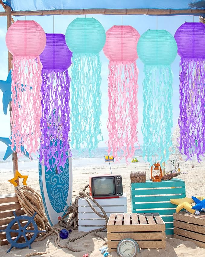 18 Pcs Jellyfish Paper Lanterns Mermaid Birthday Decorations Hanging Lantern Lamps for Ocean Theme Decor Under The Sea Party Supplies-VerdiqueGarden