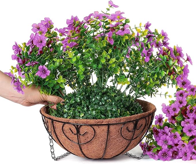 Artificial Fake Hanging Plants Flowers Basket for Outdoor Outside Porch Spring Decoration, Faux Silk Purple Daisy Realistic UV Resistant in Planter for Home Patio Balcony Garden Yard-VerdiqueGarden