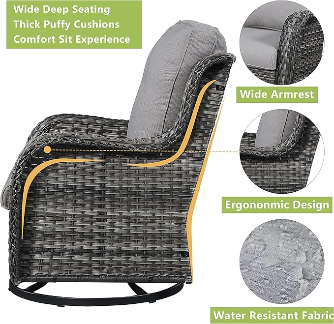 Outdoor Patio Swivel Rocker Chairs - 3 Piece Patio Bistro Set,Wicker Patio Furniture Set with 2 Swivel Rocking Chairs and 1 Glass Top Side Table for Deck Porch Garden,Mixed Grey/Beige-VerdiqueGarden