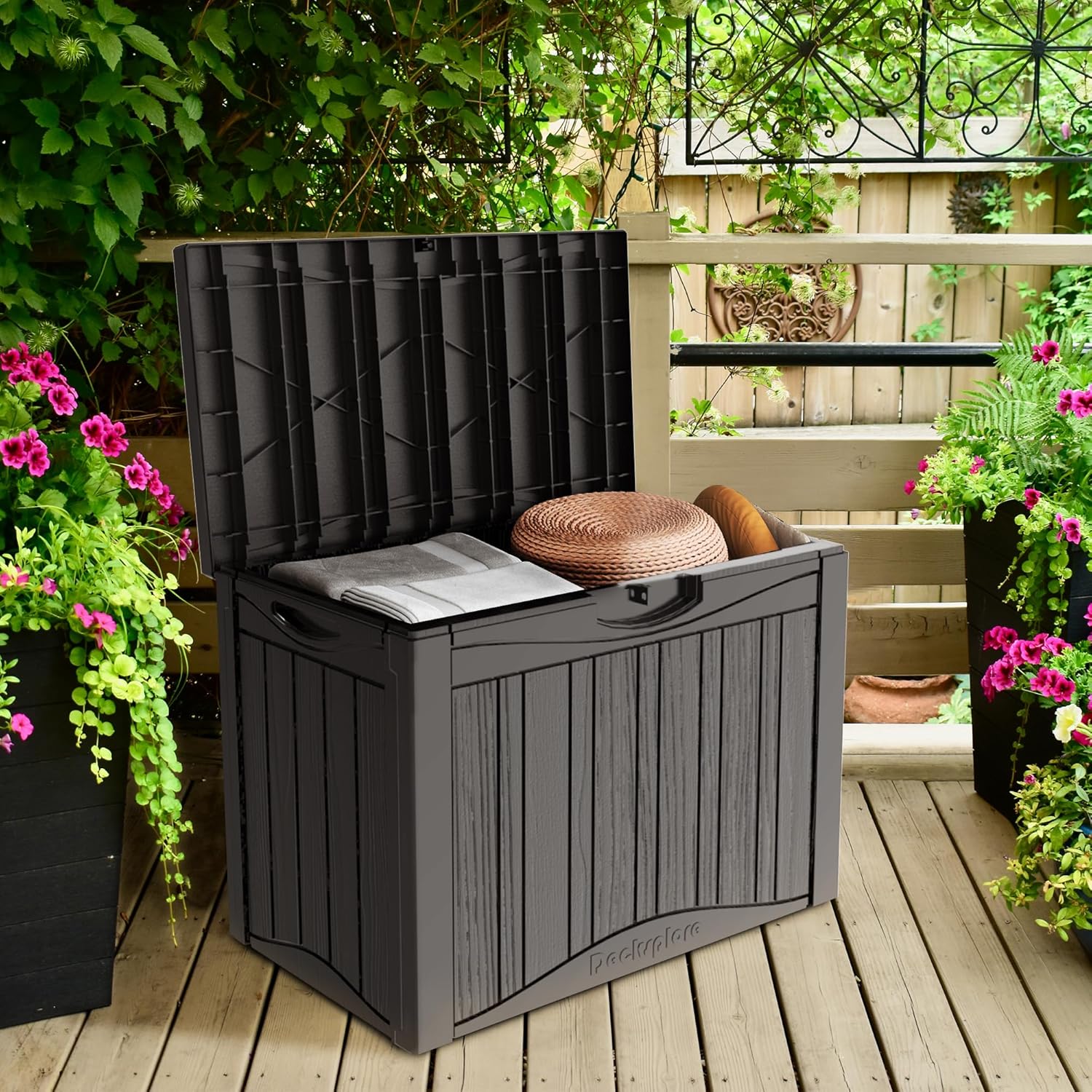 45 Gallon Double-Wall Resin Deck Box - Lockable Waterproof Outdoor Storage Box, 515bs Capacity & Doubles as Seating for Patio Furniture - Garden Tools, Pool Accessories (Brown)-VerdiqueGarden