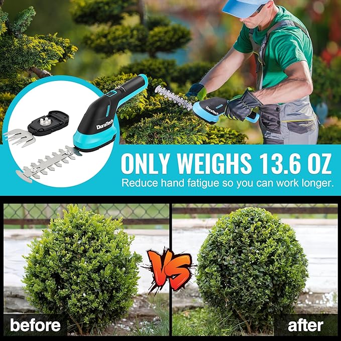 DURATECH Cordless Hedge Trimmer, 3.6V 2-in-1 Handheld Rechargeable Grass Trimmer & Hedge Shears with USB Type-C Cable, Built-in Li-ion Battery, Electric Shrub & Grass Shears for Garden, Yard and Lawn-VerdiqueGarden