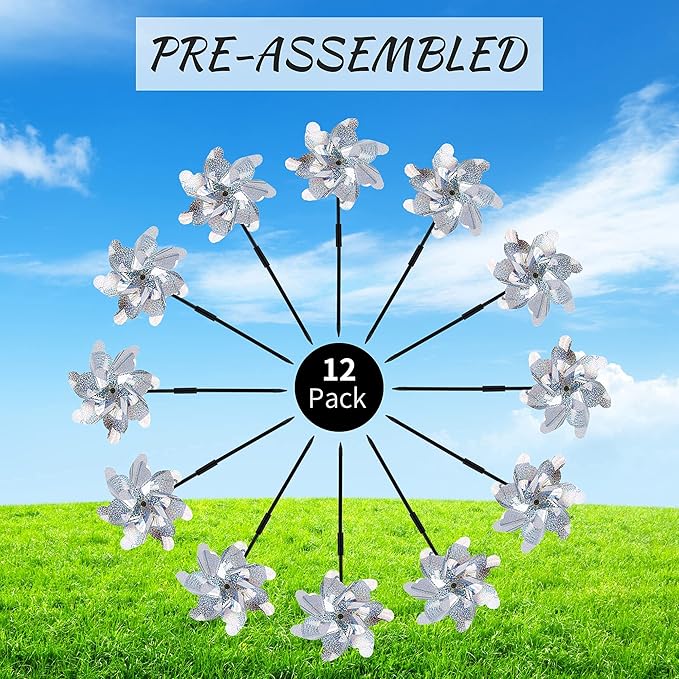 BATTIFE 12 Pack Pre-Assemble Sparkly Reflective Pinwheels | Silver Bird Blindness Pin Wheel | Scare Birds & Animals Away | Wind Spinner for Yard and Garden-VerdiqueGarden
