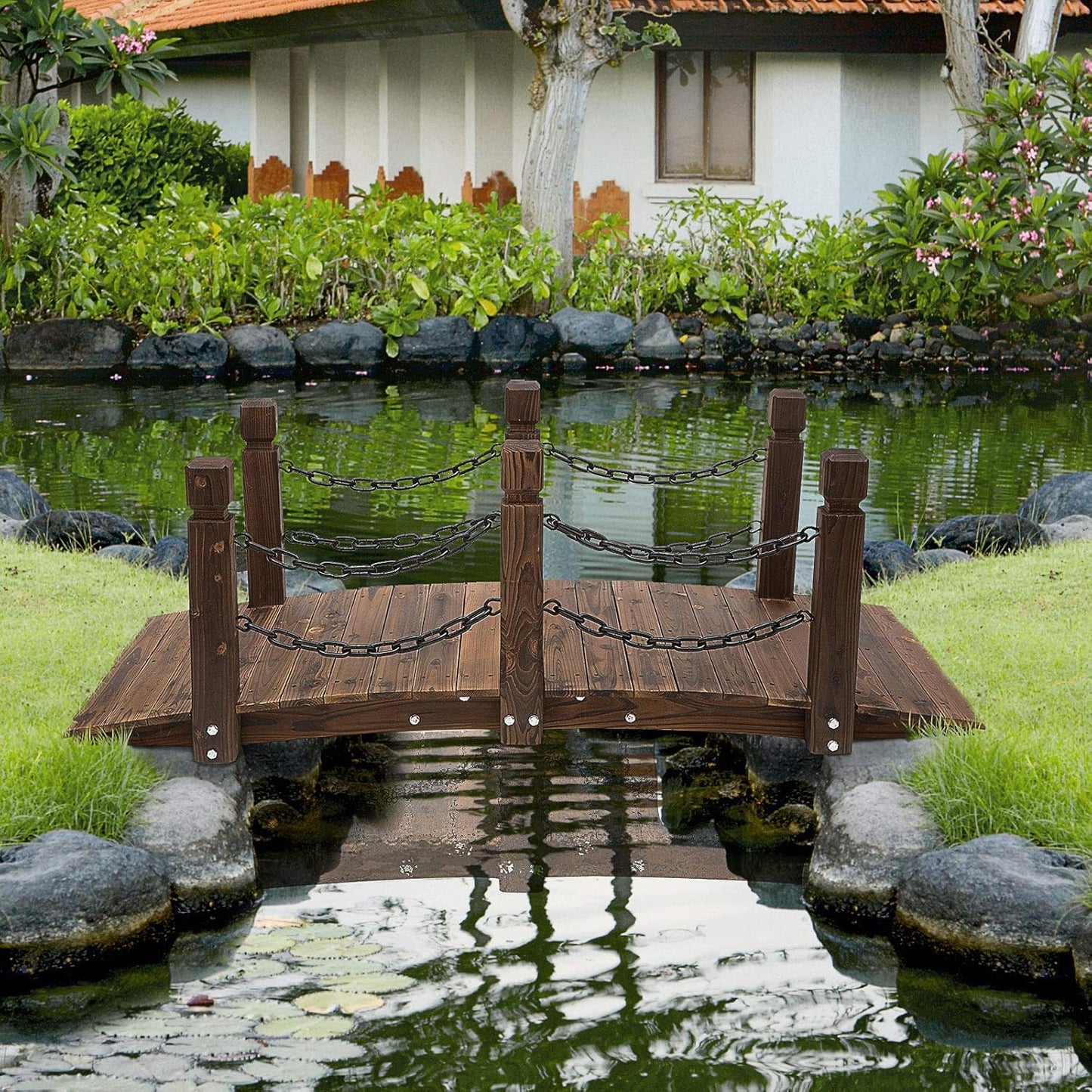 Outsunny 5 ft Wooden Garden Bridge Arc Footbridge with Metal Chain Railings & Solid Fir Construction, Carbonized-VerdiqueGarden