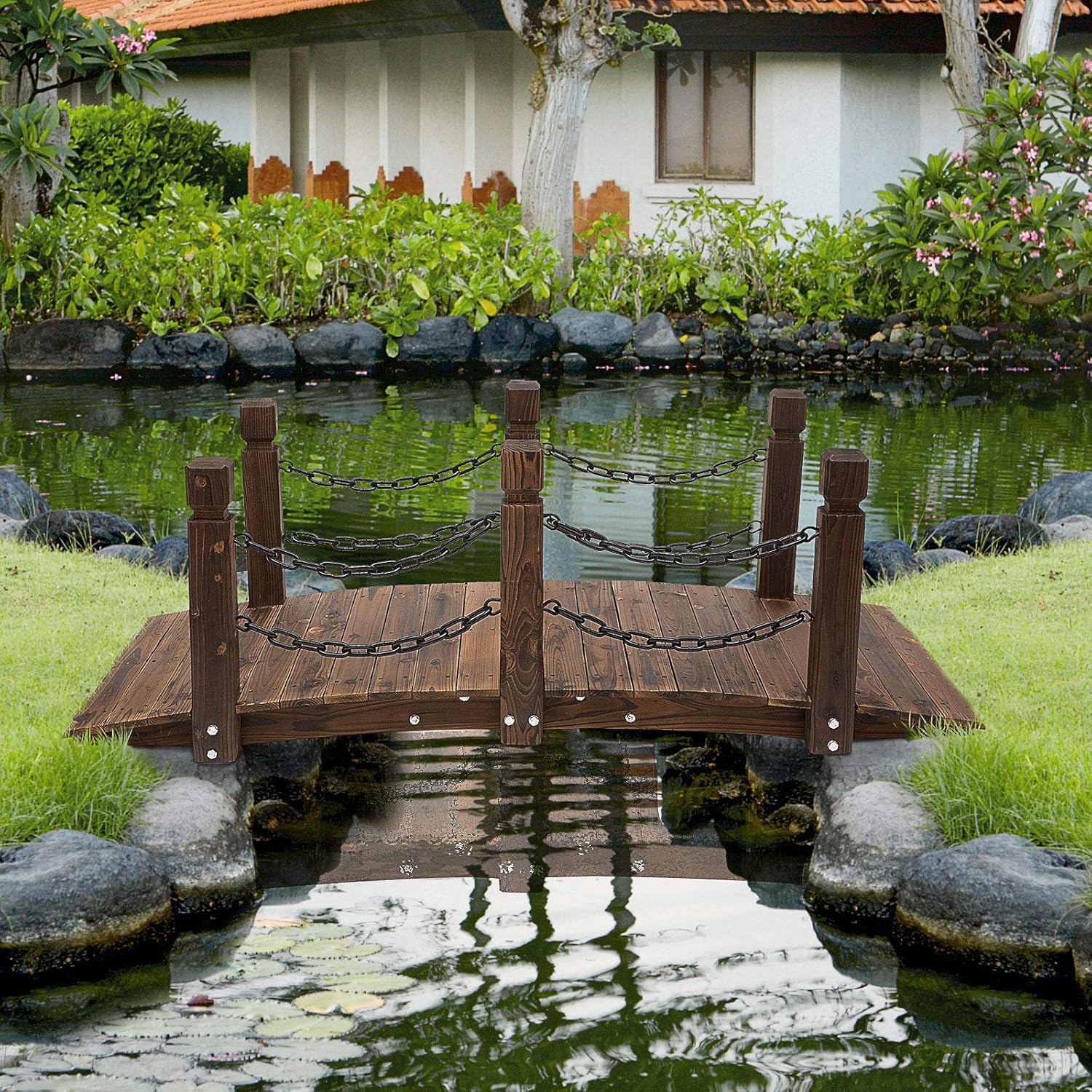 Outsunny 5 ft Wooden Garden Bridge Arc Footbridge with Metal Chain Railings & Solid Fir Construction, Carbonized-VerdiqueGarden