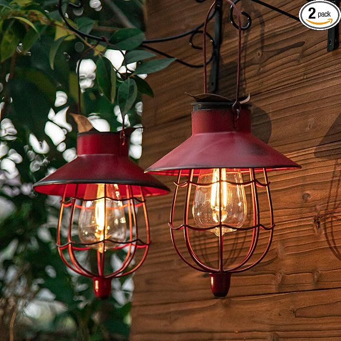 YAKii 2 Pack Solar Lantern Hanging Waterproof Outdoor Metal Solar Lamp with Warm White Light Decorate for Yard Garden Pathway Patio Porch Decor (Red)-VerdiqueGarden