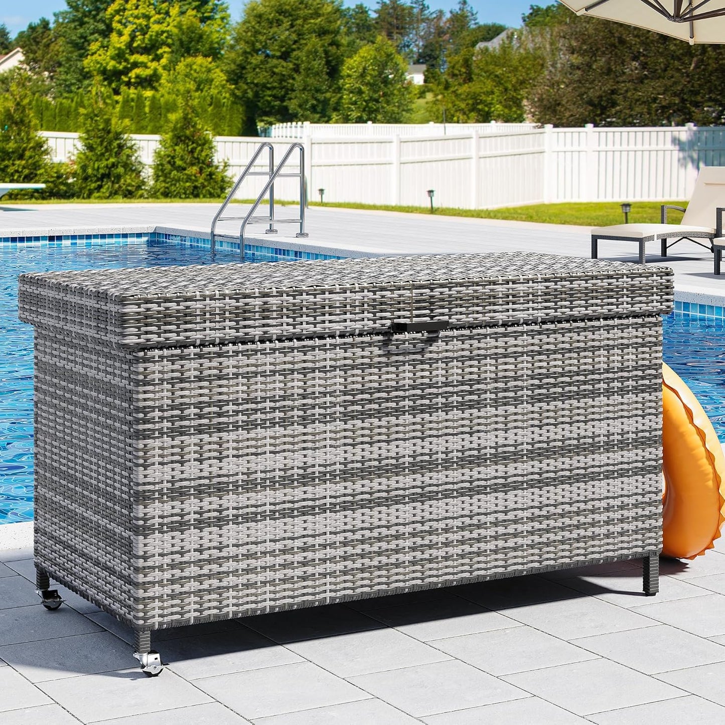 YITAHOME 200 Gallon Large Wicker Deck Box w/Storage Net, Rattan XL Outdoor Storage Box Patio Cushion Storage, Patio Storage Box for Garden Tools, Pool Sports Equipment (Grey)-VerdiqueGarden