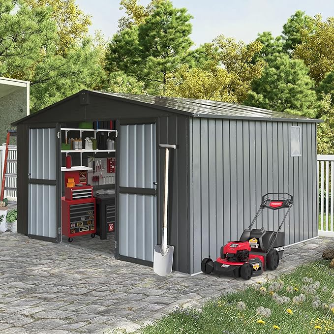 Domi Outdoor Storage Shed 11' x 9', Metal Steel Utility Tool Shed Storage House with Double Lockable Doors & Air Vents for Backyard Patio Garden Lawn Dark Grey-VerdiqueGarden