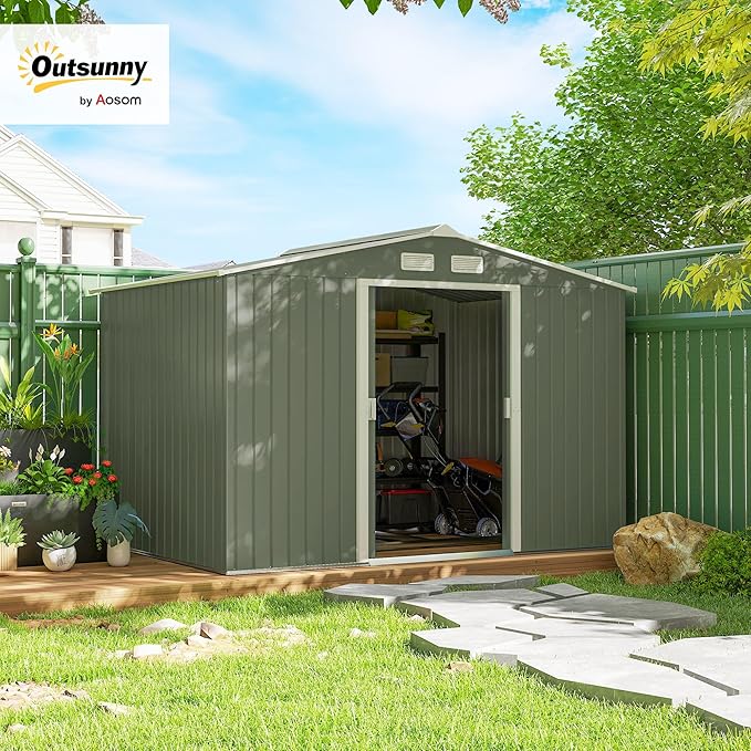 Outsunny 9' x 6' Outdoor Storage Shed, Garden Tool Metal Shed with Foundation Kit, Double Lockable Door, Air Vents and Sloping Roof, for Backyard, Patio, Lawn, Green-VerdiqueGarden
