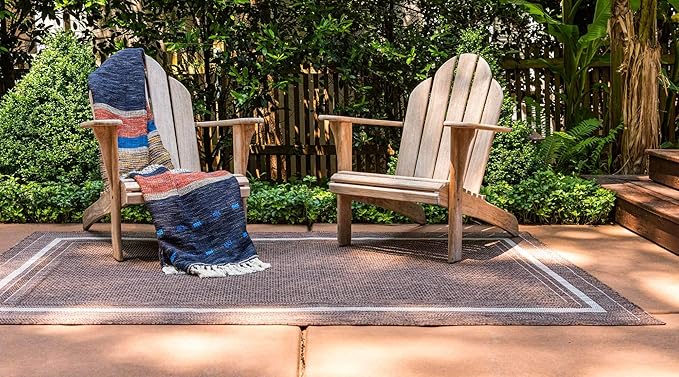 Unique Loom Outdoor Border Collection Area Rug - Soft Border (8' x 11' 4" Rectangle, Brown/ Ivory)-VerdiqueGarden