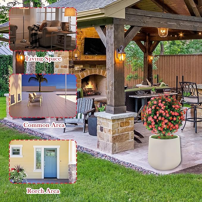 Sunnyglade Set of 2 Artificial Boxwood Topiary Ball Trees with Red Flower, Faux Shrub Bushes with Ground Spike 25.5", UV Resistant Fake Boxwood Plants for Indoor, Garden, Porch, Patio Decor (Red)-VerdiqueGarden