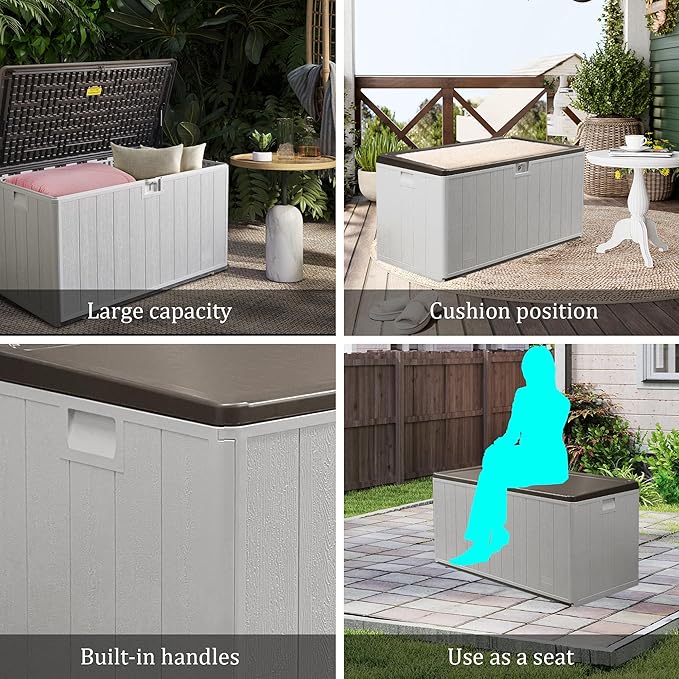 110 Gallon Pro Outdoor Storage Box Waterproof Lockable Deck Box Large, Patio Storage Bin for Pool Accessories Cushion Furniture, Garden Tools, UV-Resistant Outside Delivery, Grayish Brown-VerdiqueGarden