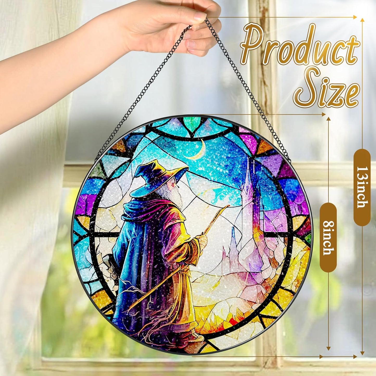 Stained Glass Window Hanging, LAOWEIKI 8'' Witch Suncatcher, Stained Glass Ornament, Suncatchers for Windows Hanging, Window Decor, Outdoor or Indoor, Gifts for Friends-VerdiqueGarden