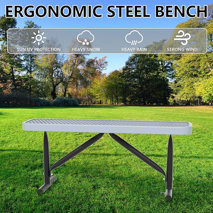 48" L Outdoor Steel Flat Bench, Heavy Duty Metal Park Bench for Outside, Expanded Metal, Commercial Benches Mesh Bench for Shopping Mall, Store, Lawn, Park, Patio, Deck, Garden (Grey, 4FT)-VerdiqueGarden