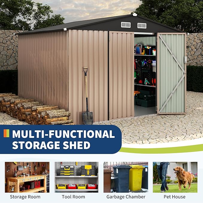 8x10 FT Metal Storage Sheds Outdoor with Floor, Metal Yard Sheds Garden Shed Kit, MetalTool Shed with Lockable Door, Metals UtilitySheds Buildings with Air Vent for Backyard Garden Patio Lawn-VerdiqueGarden