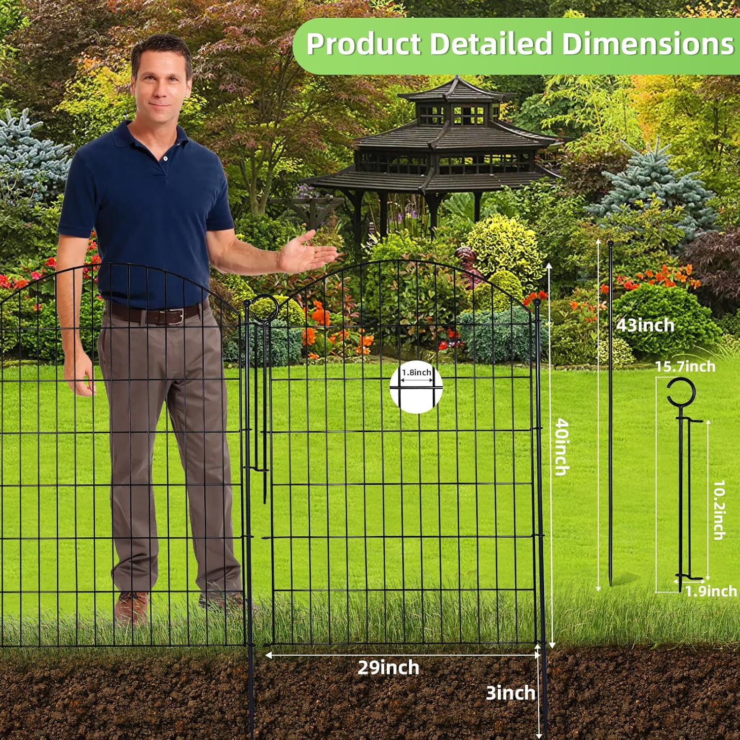 Decorative Garden Fence 40in (H) x24ft (L), 10 Pack No Dig Fence Animal Barrier for Dog with Lock, Arched Flower Bed Edging, Wire Border Panel Fencing for Yard Patio Outdoor Decor-VerdiqueGarden