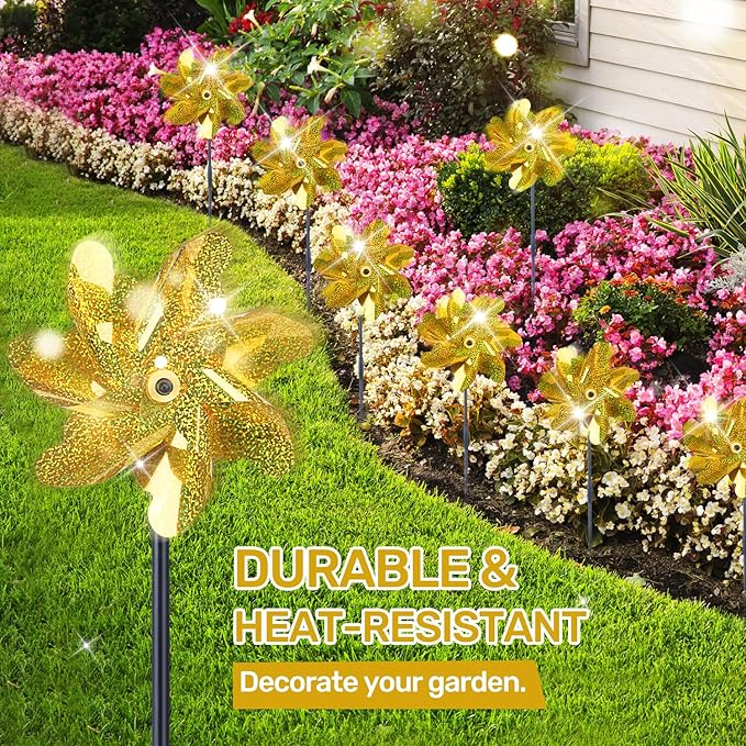 BATTIFE Golden Pinwheels for Garden, 10 Pack Reflective Wind Spinner to Scare Birds Away, Sparkly Pinwheel Deterrent, Outdoor Gold Pinwheel for Lawn and Patio-VerdiqueGarden