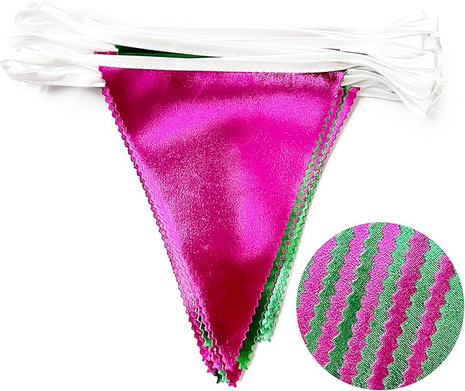 Pink and Green Party Decorations Metallic Hot Pink Light Green Fabric Triangle Pennant Banner Flag Bunting Garland for Witches Theme Birthday Wedding Baby Shower Engagement Bachelorette Party Supplies-VerdiqueGarden