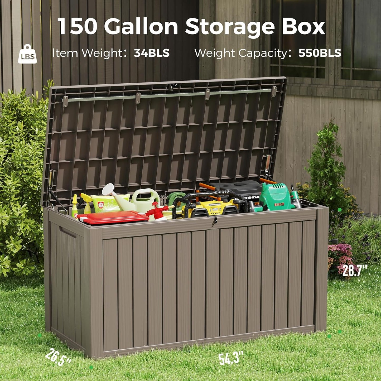 150 Gallon Resin Deck Box, Large Indoor and Outdoor Storage Box, Weatherproof and UV Resistant Outdoor Storage Box with Built-in Steel Beams for Patio, Cushions, Pool Supplies-VerdiqueGarden