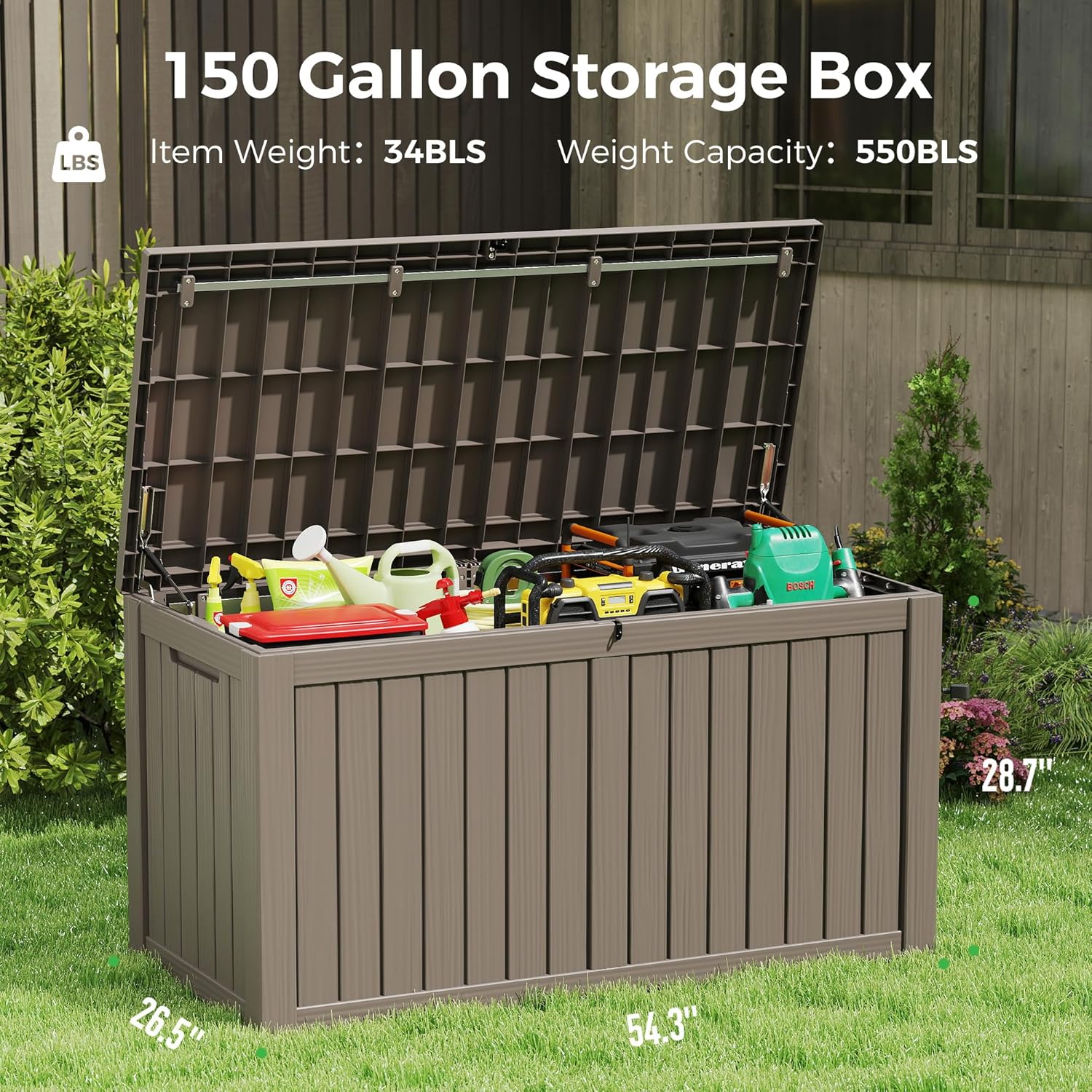 150 Gallon Resin Deck Box, Large Indoor and Outdoor Storage Box, Weatherproof and UV Resistant Outdoor Storage Box with Built-in Steel Beams for Patio, Cushions, Pool Supplies-VerdiqueGarden