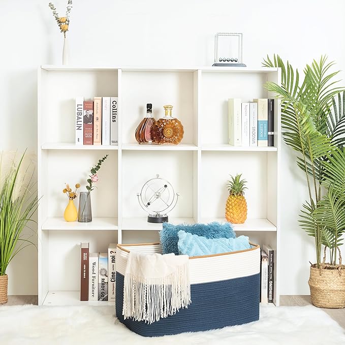 MINTWOOD Design 22in Extra Large Blanket Basket Holder Living Room, Rectangle Rope Woven Storage Basket with Handles for Laundry, Pool Towels, and Shoes, Dog Toy Organizer Bin Box, Prussian Blue-VerdiqueGarden