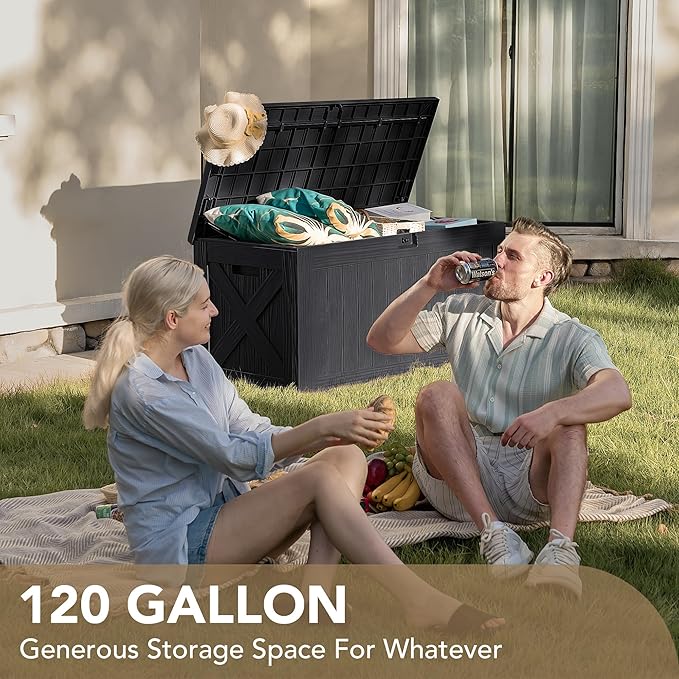 Devoko 120 Gallon Deck Box Resin Outdoor Storage Box Waterproof for Patio, Large Outdoor Storage Bench Lockable for Outside (Black)-VerdiqueGarden
