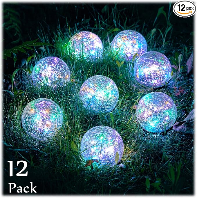 Honoson Decorative Solar Globe Lights Outdoor Waterproof LED Cracked Glass Ball Lights for Pathway, Walkway, Garden, Yard, Lawn Decoration(12 Pcs,3.9 Inch)-VerdiqueGarden