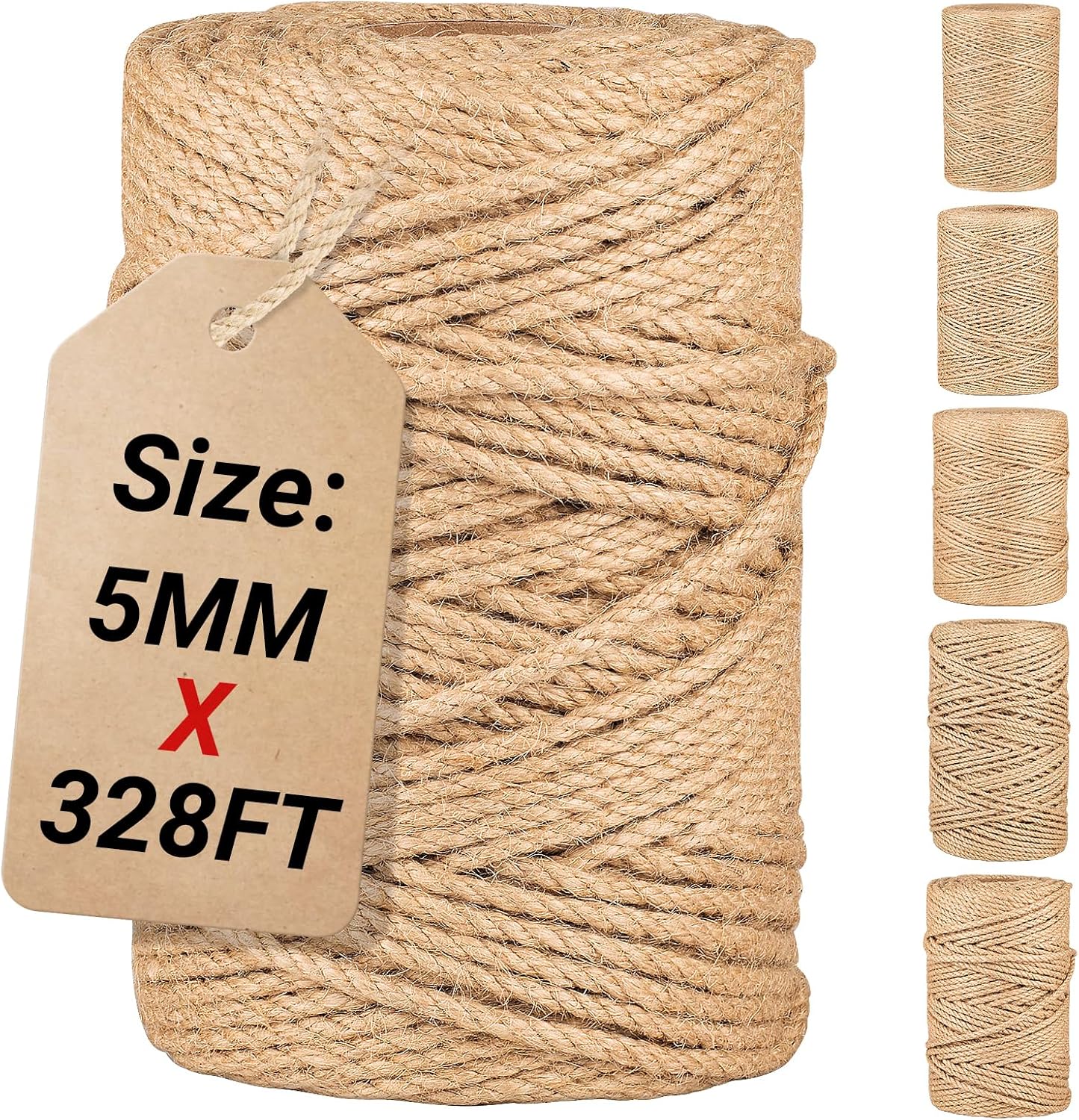 Natural Jute Twine String,Bulk Jute Rope Cord Twine for Crafting Gardening,Roll of Thick and Thin Twine for Gift Wrapping,Brown Decorative Rope,Ornament Twine for Cat Scratch Post (5mm x 328ft)-VerdiqueGarden