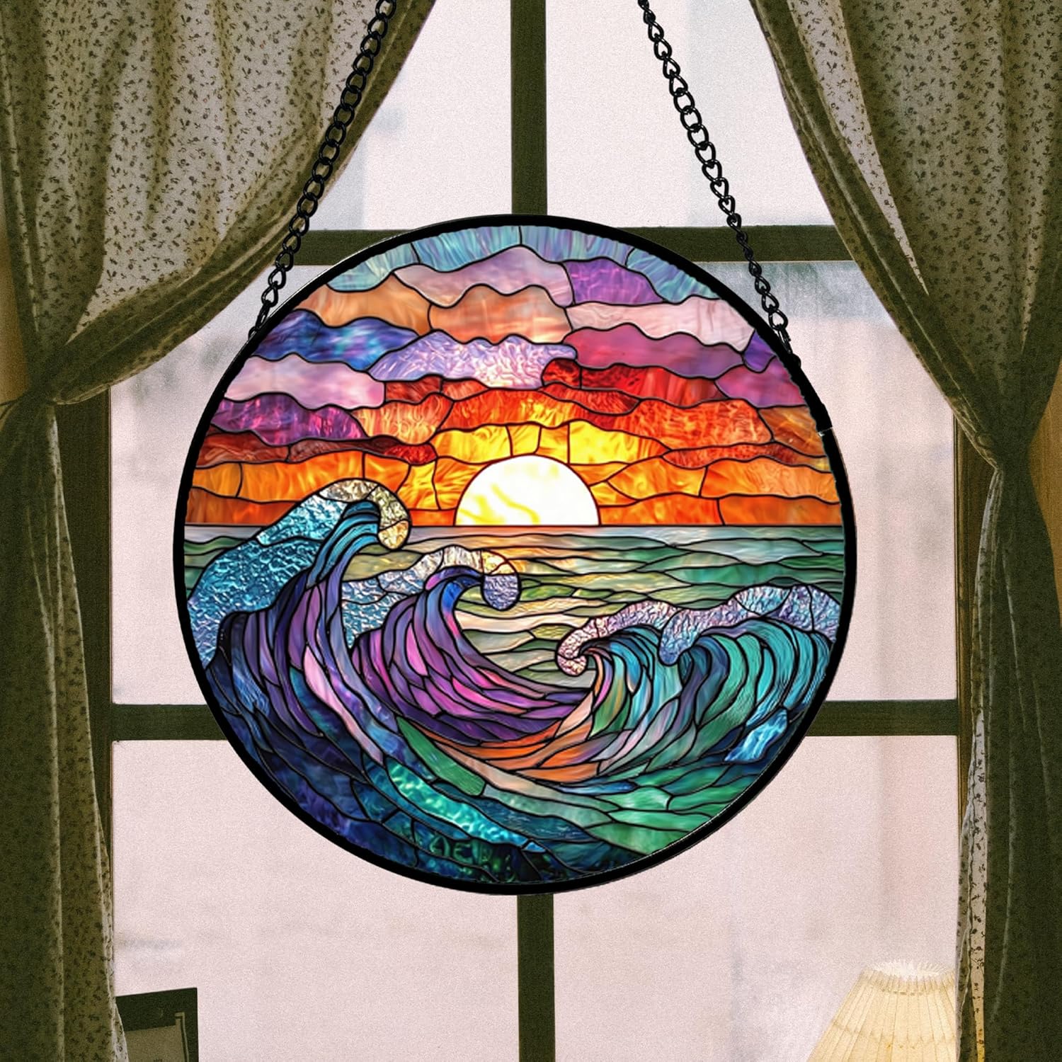 Stained Glass Window Hanging, Clouds and Sea Waves Suncatcher Diamond Glass Panel Hangings Scenery Sun Catchers Decor for Birthday for Women, Men, Wife, Aunt, and Mom 14.9 in-VerdiqueGarden