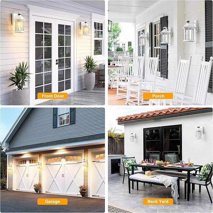 VIANIS White Motion Sensor Exterior Wall Light Lantern, Modern Dusk to Dawn Outdoor Porch Light Fixtures Wall Mount, Waterproof Outdoor Wall Sconce for Garage Entrance with Tempered Water-Ripple Glass-VerdiqueGarden