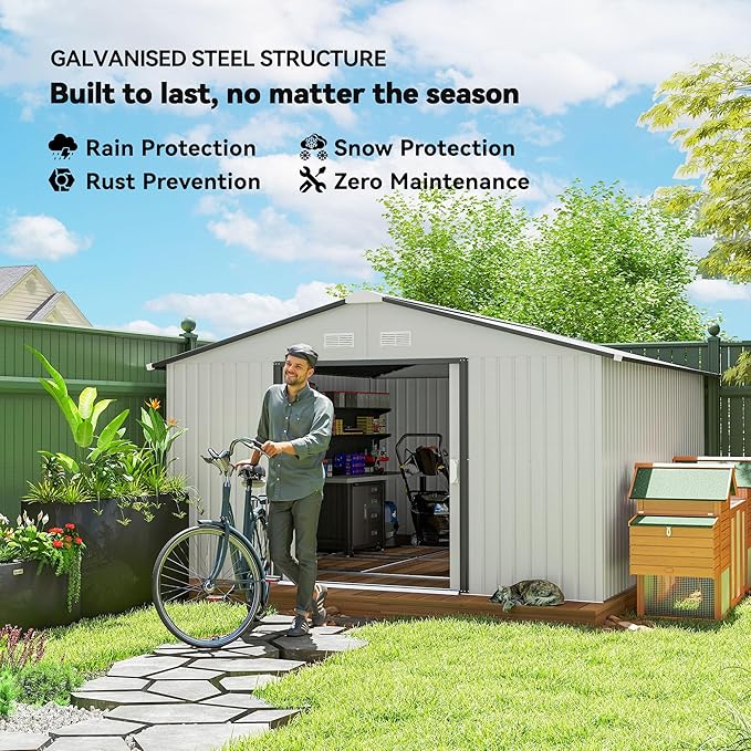 Outsunny 11' x 13' Outdoor Storage Shed, Garden Tool Metal Shed with Foundation Kit, Double Lockable Door, Air Vents and Sloping Roof, for Backyard, Patio, Lawn, White-VerdiqueGarden