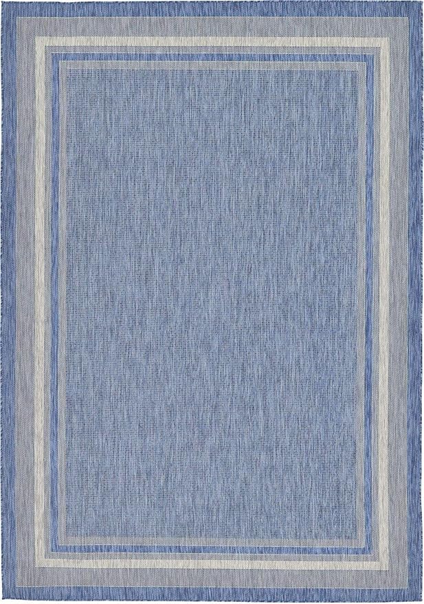 Unique Loom Outdoor Border Collection Area Rug - Soft Border (8' x 11' 4" Rectangle, Blue/ Ivory)-VerdiqueGarden