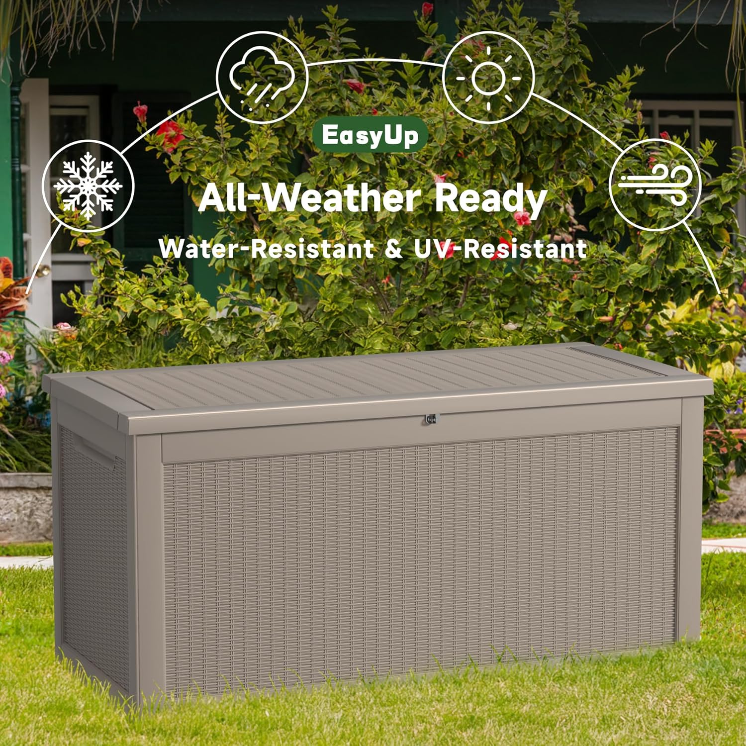 260 Gallon Outdoor Storage Box Waterproof, UV Resistant Resin Deck Box with Hydraulic Rod, Reinforced Stability for Patio, Garden, Rattan Gray-VerdiqueGarden