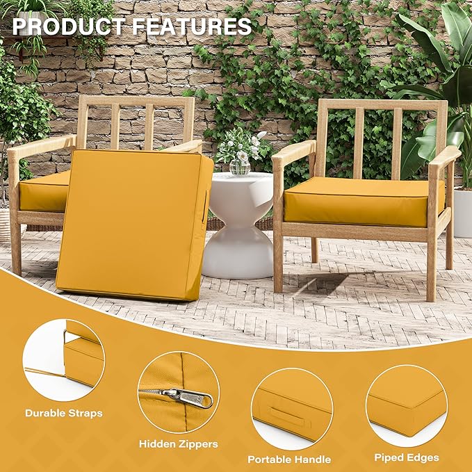 Patio Chair Cushions 24 X 24 X 5 Inch Waterproof Outdoor Seat Cushions for Patio Furniture, Outdoor Sofa Couch Pads with Ties & Handle, Set of 2, Yellow-VerdiqueGarden
